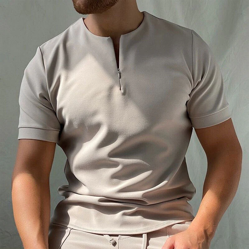 Polo Homme Premium à Manches Courtes avec Fermeture Éclair – Haut Henley Décontracté sans Col