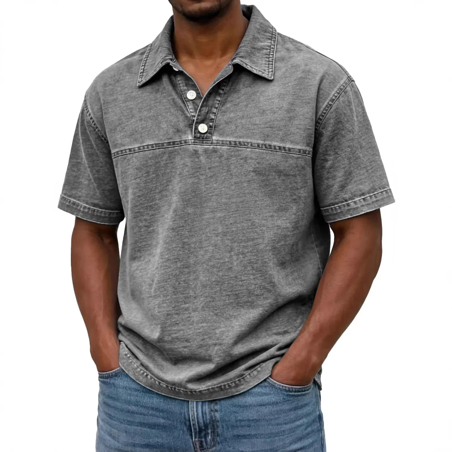 Polo pour hommes élégant couleur unie vintage – Haut à manches courtes - Image 2