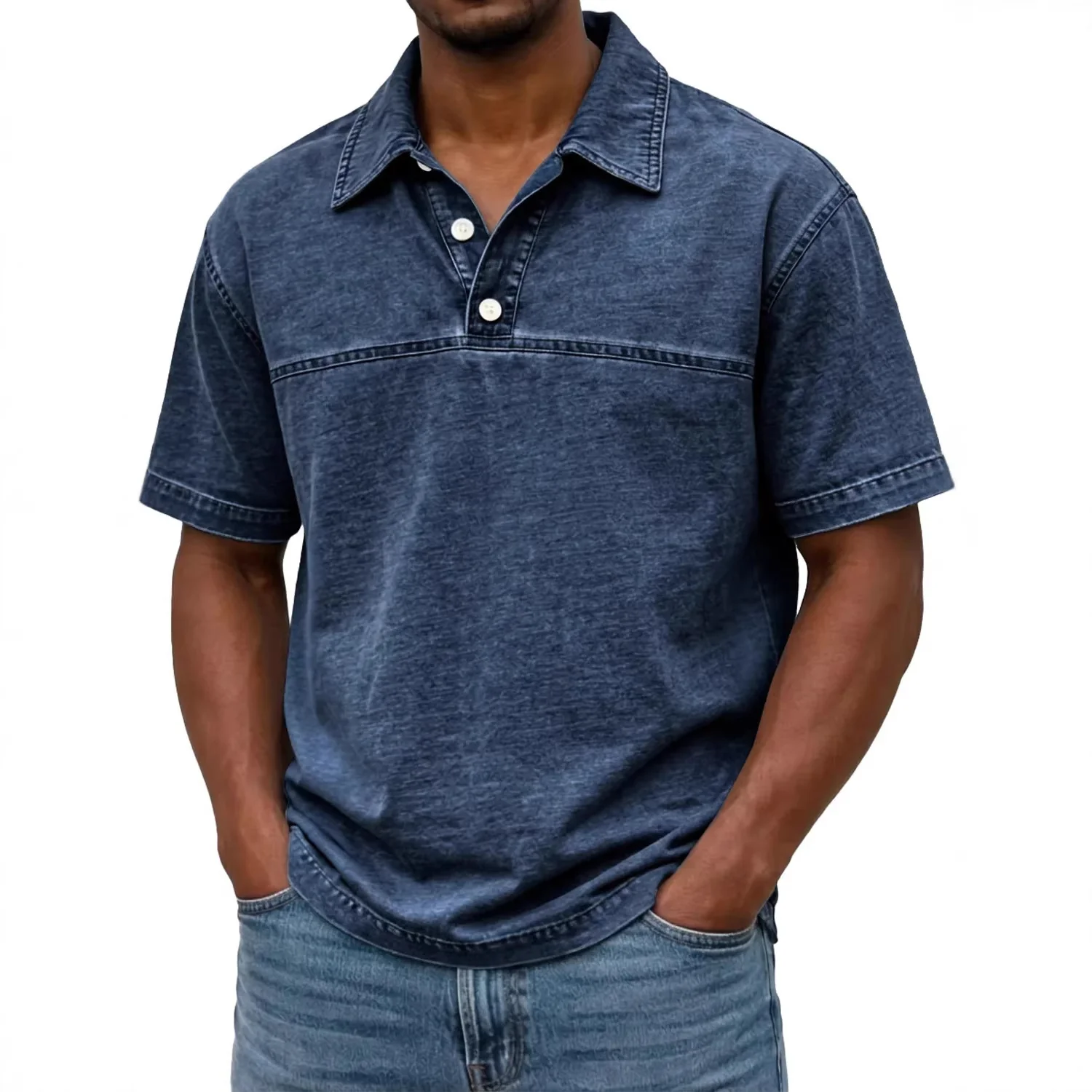 Polo pour hommes élégant couleur unie vintage – Haut à manches courtes - Image 3