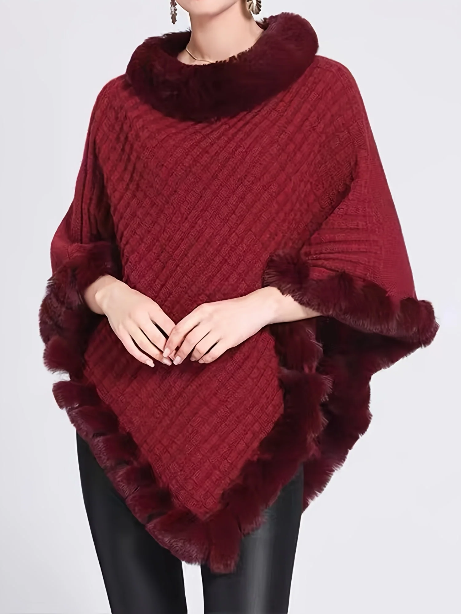 Poncho Tricoté Élégant Femme à Bordure en Fourrure – Cape Châle d’Hiver en Acrylique Doux - Image 3