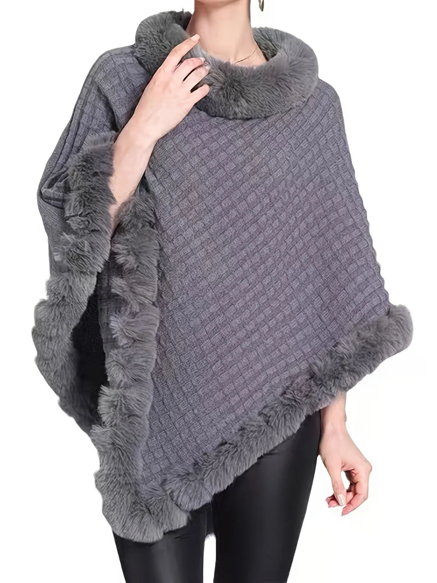 Poncho Tricoté Élégant Femme à Bordure en Fourrure – Cape Châle d’Hiver en Acrylique Doux - Image 4