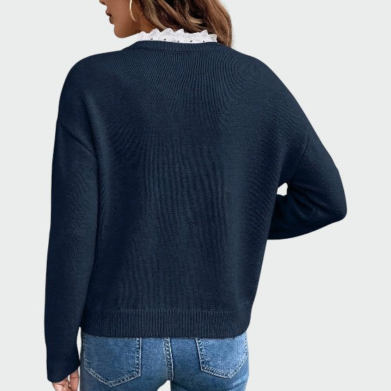 Pull à col en V pour femme avec bordure en dentelle – Haut élégant et stylé - Image 2