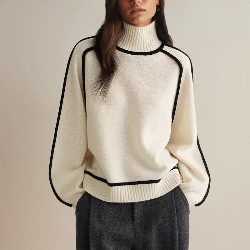 Pull à Col Roulé Chaud pour Femme - Design Color-Block, Pull Décontracté pour l’Automne et l’Hiver