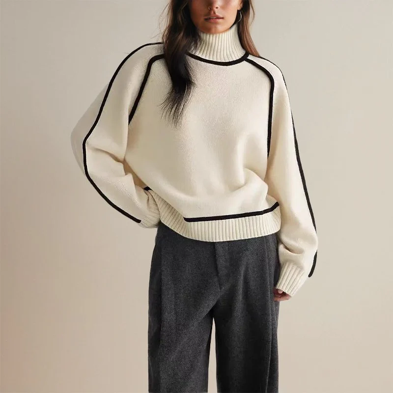 Pull à Col Roulé Chaud pour Femme - Design Color-Block, Pull Décontracté pour l’Automne et l’Hiver - Image 4