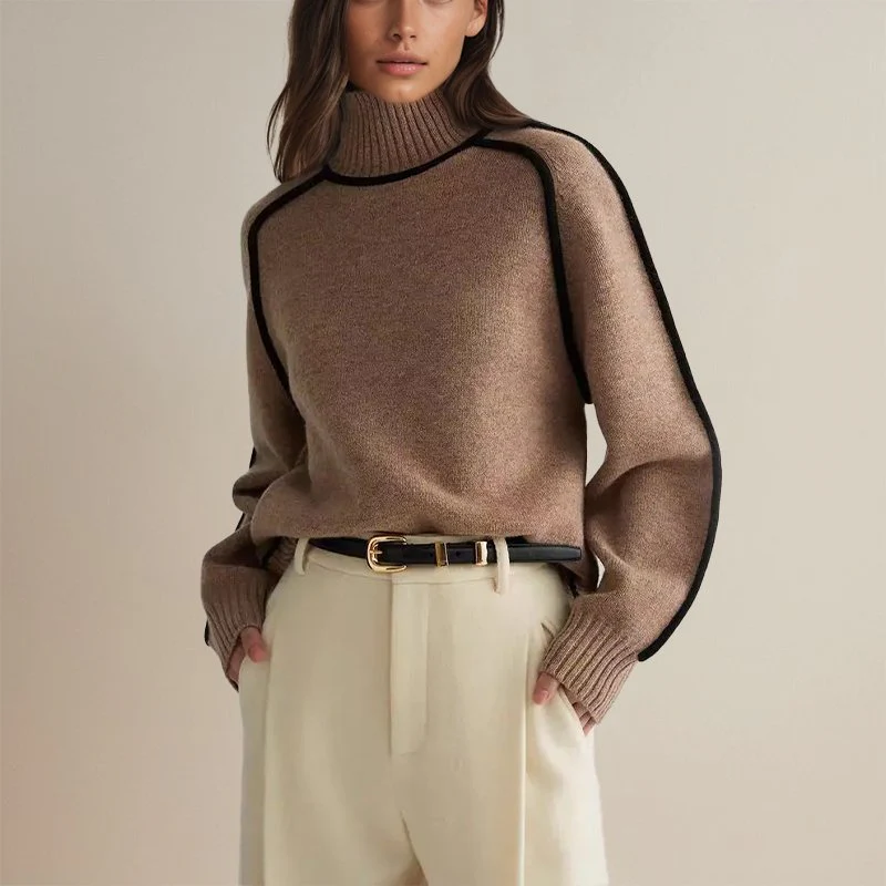 Pull à Col Roulé Chaud pour Femme - Design Color-Block, Pull Décontracté pour l’Automne et l’Hiver - Image 5