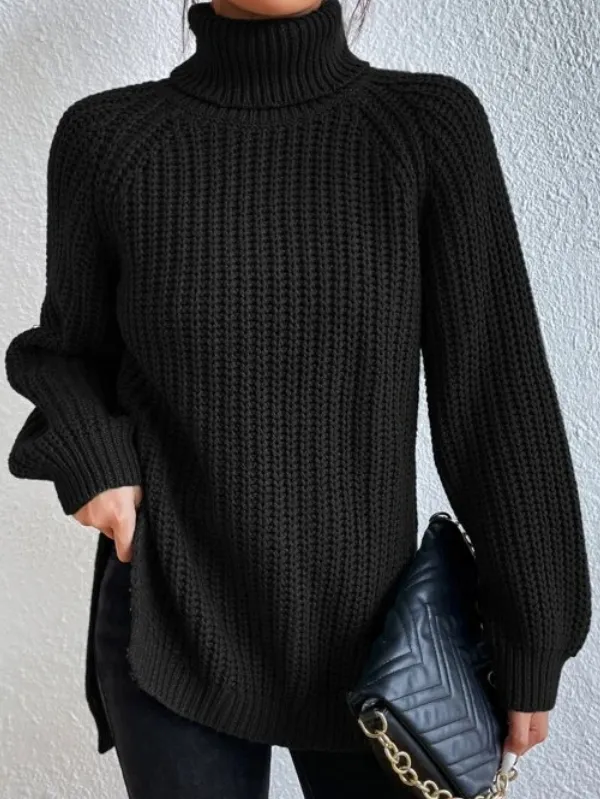 Pull à col roulé pour femme avec manches raglan et ourlet fendu