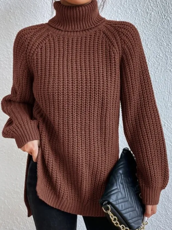 Pull à col roulé pour femme avec manches raglan et ourlet fendu - Image 10