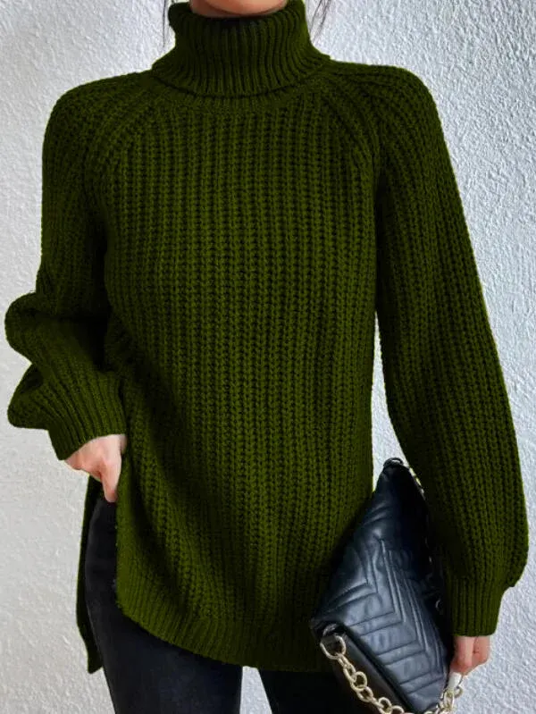 Pull à col roulé pour femme avec manches raglan et ourlet fendu - Image 12