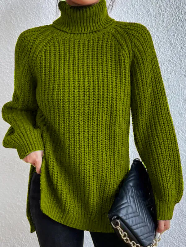 Pull à col roulé pour femme avec manches raglan et ourlet fendu - Image 13