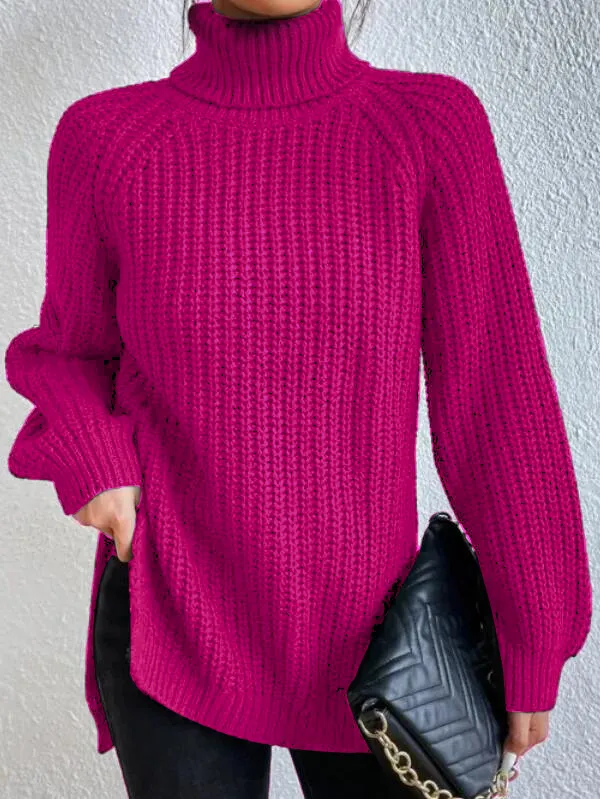 Pull à col roulé pour femme avec manches raglan et ourlet fendu - Image 14