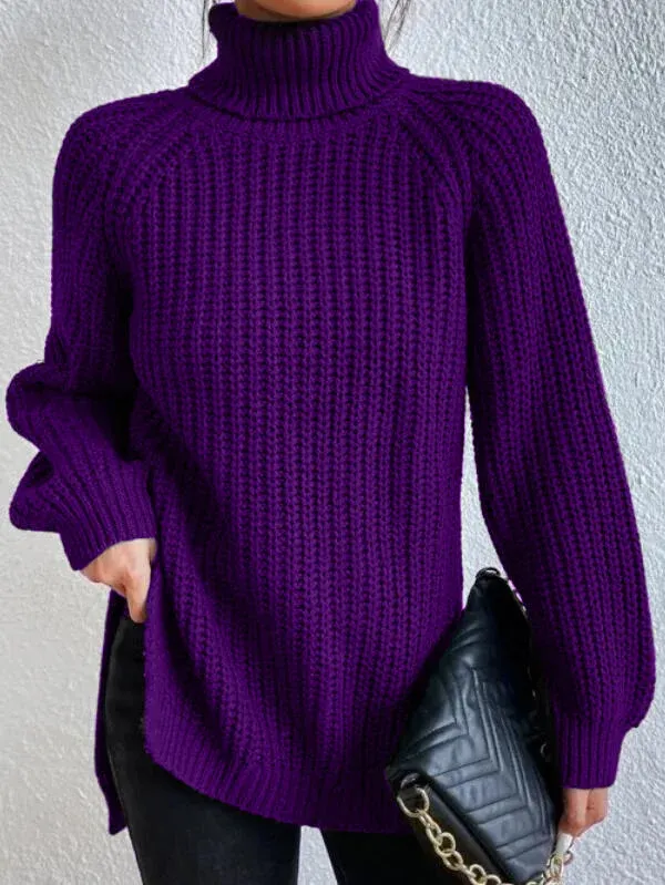 Pull à col roulé pour femme avec manches raglan et ourlet fendu - Image 2