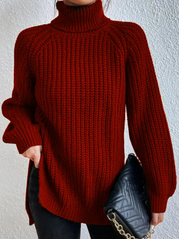 Pull à col roulé pour femme avec manches raglan et ourlet fendu - Image 3