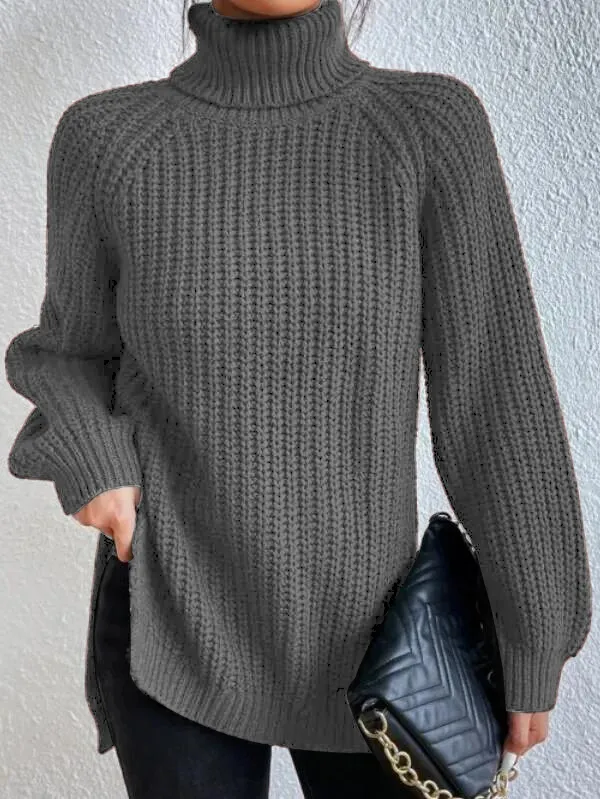 Pull à col roulé pour femme avec manches raglan et ourlet fendu - Image 4