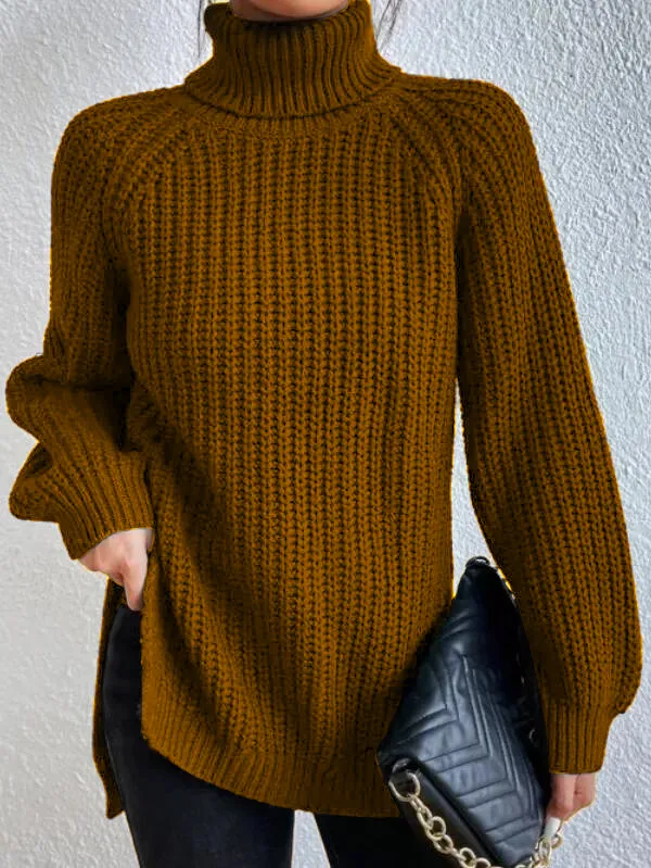 Pull à col roulé pour femme avec manches raglan et ourlet fendu - Image 5