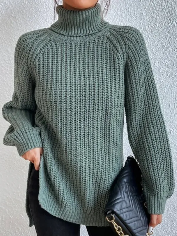 Pull à col roulé pour femme avec manches raglan et ourlet fendu - Image 6