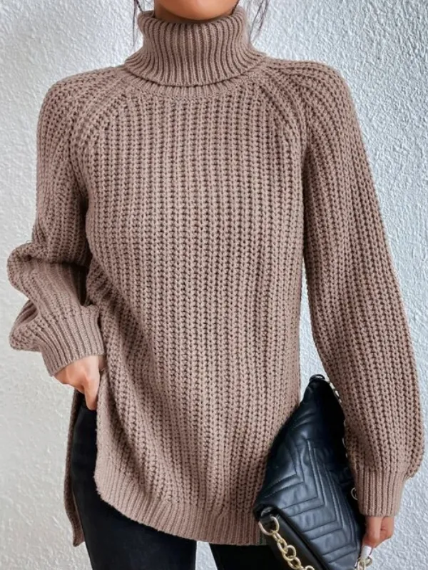 Pull à col roulé pour femme avec manches raglan et ourlet fendu - Image 7