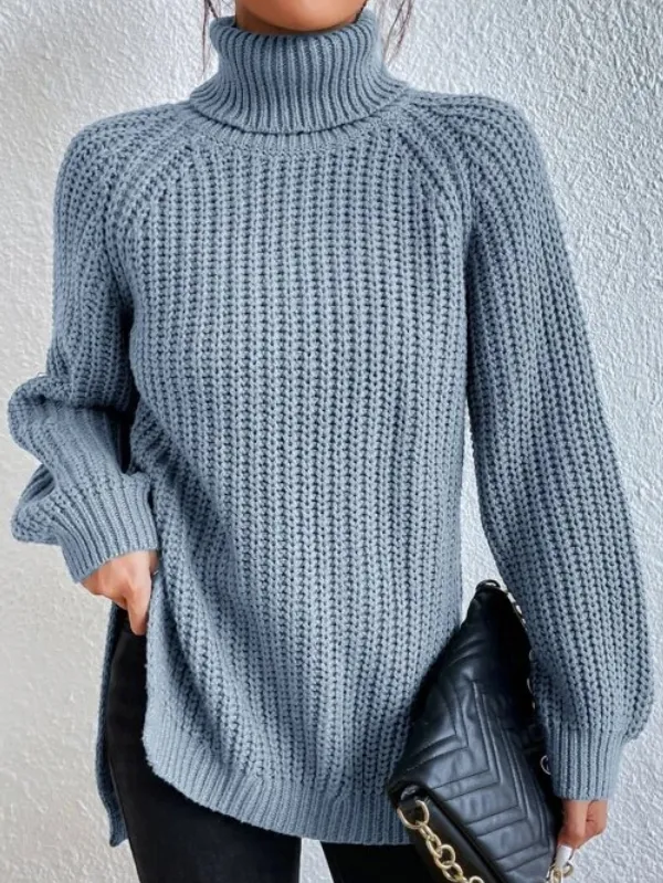 Pull à col roulé pour femme avec manches raglan et ourlet fendu - Image 8