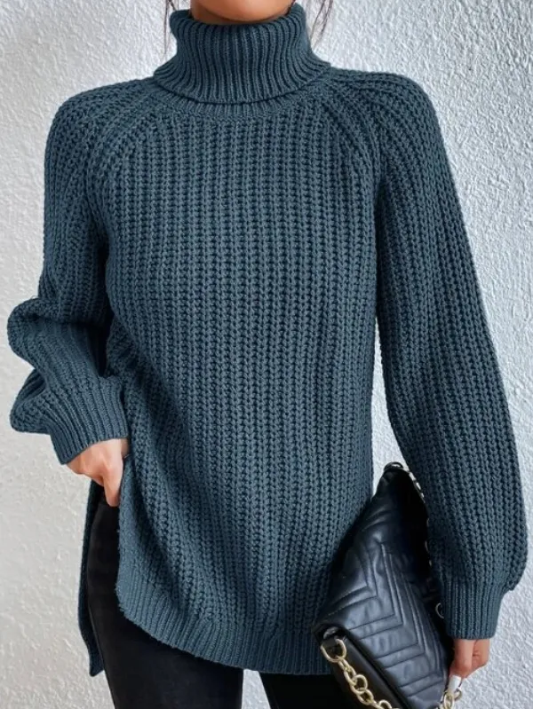 Pull à col roulé pour femme avec manches raglan et ourlet fendu - Image 9
