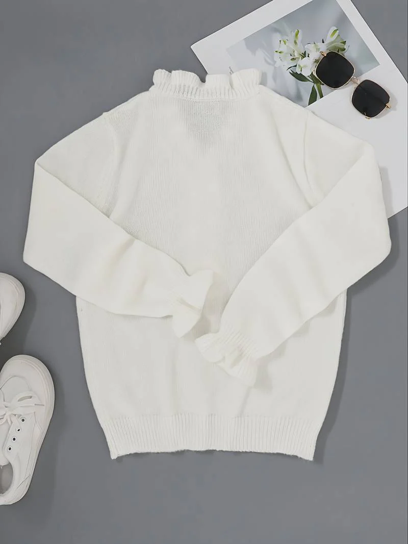 Pull blanc élégant à col en V pour femme – Détails à volants - Image 2