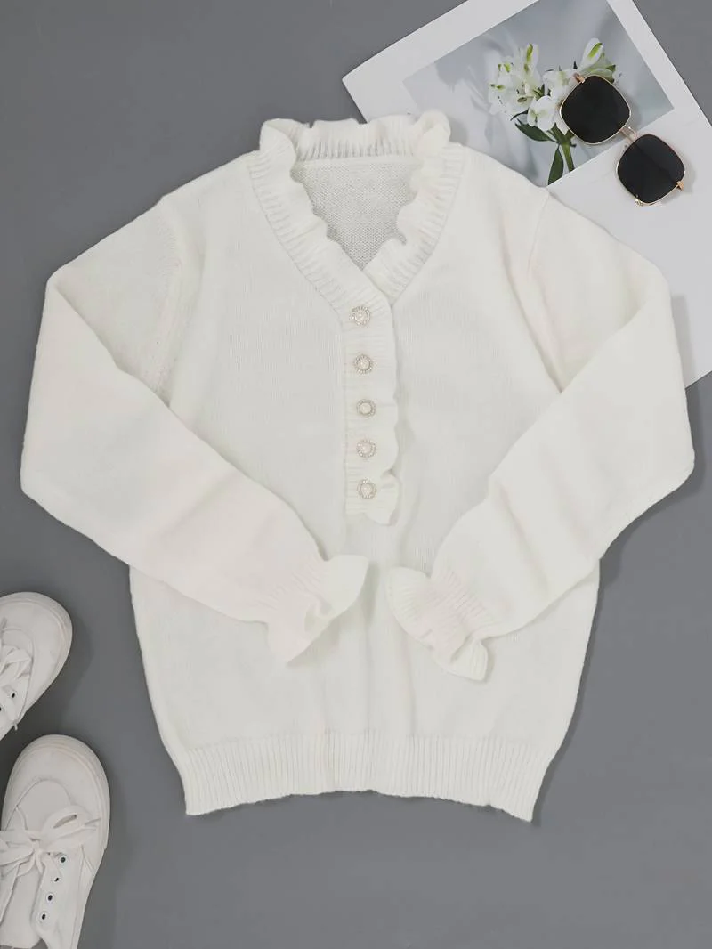 Pull blanc élégant à col en V pour femme – Détails à volants - Image 3