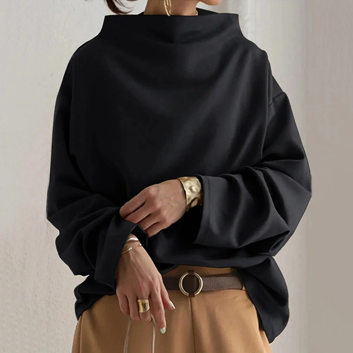 Pull Col Montant Élégant Femme – Coupe Décontractée Noir à Manches Longues - Image 6