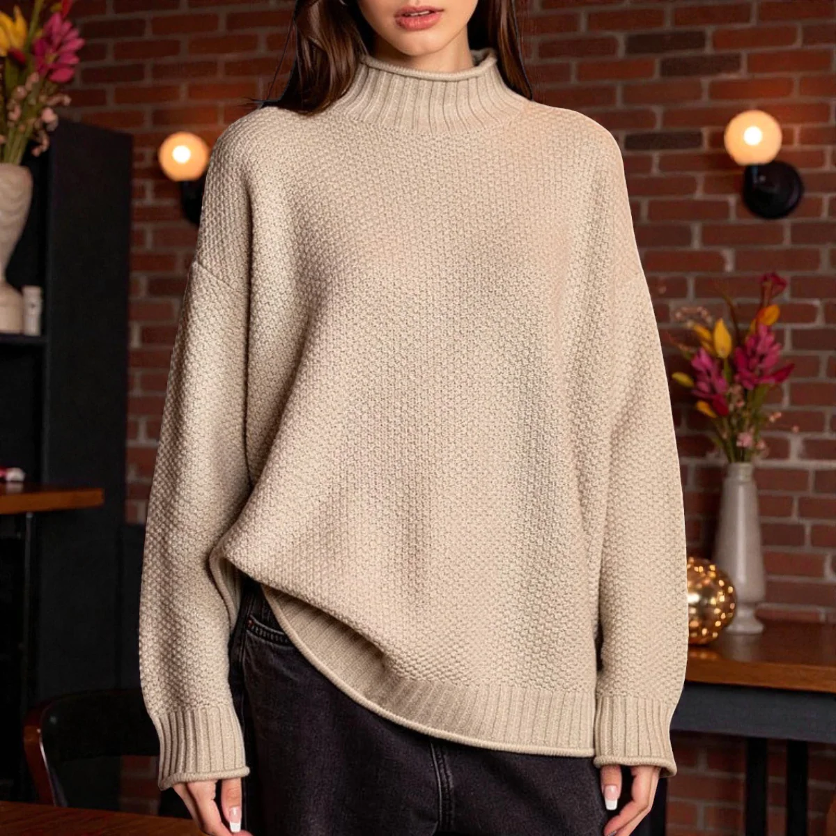 Pull Col Roulé Côtelé Élégant Femme – Maille Épaisse à Manches Longues
