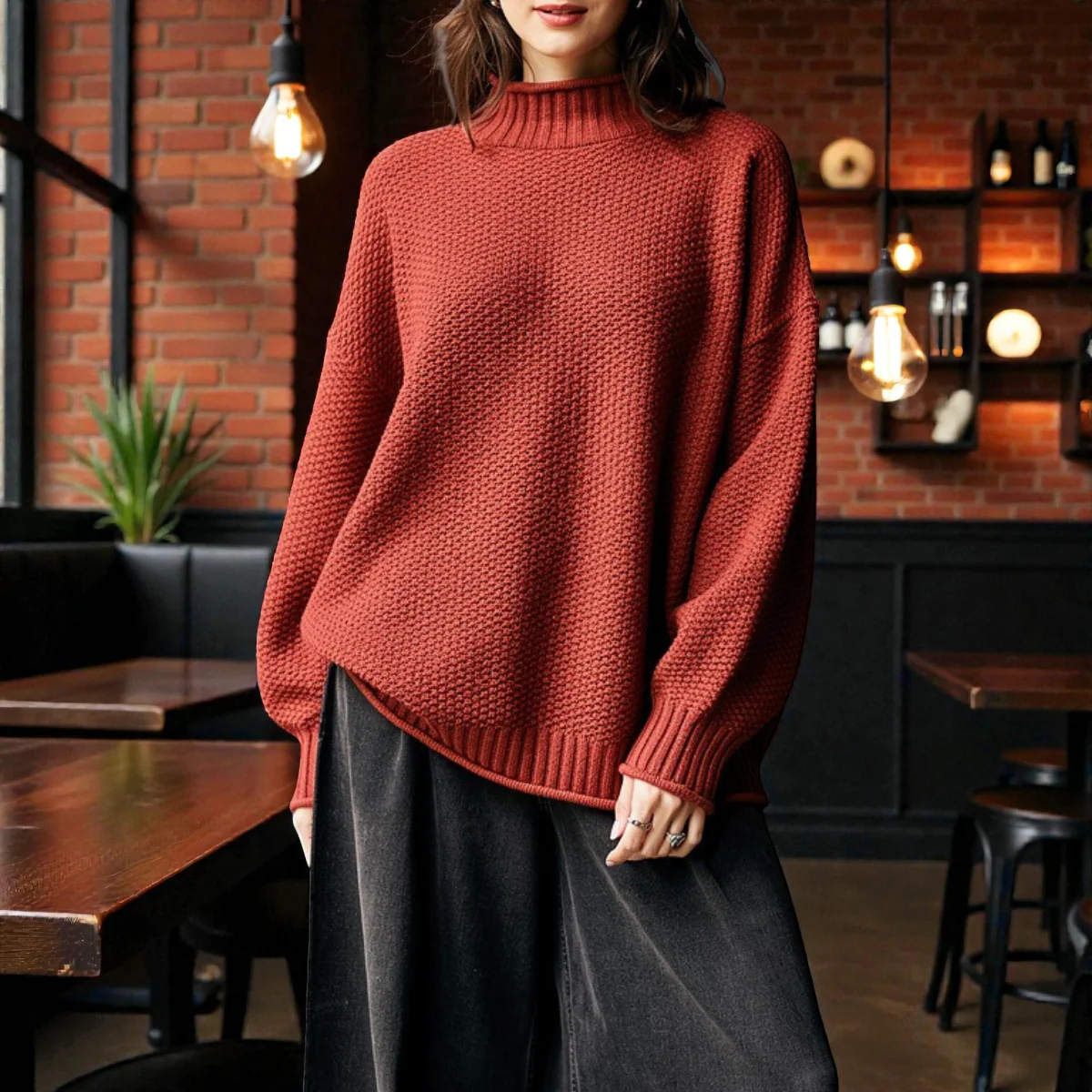 Pull Col Roulé Côtelé Élégant Femme – Maille Épaisse à Manches Longues - Image 2