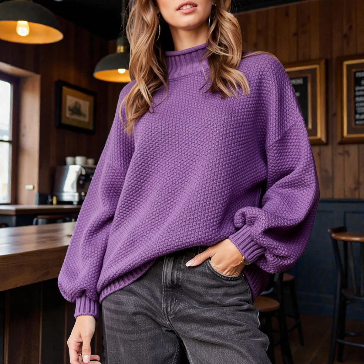 Pull Col Roulé Côtelé Élégant Femme – Maille Épaisse à Manches Longues - Image 3