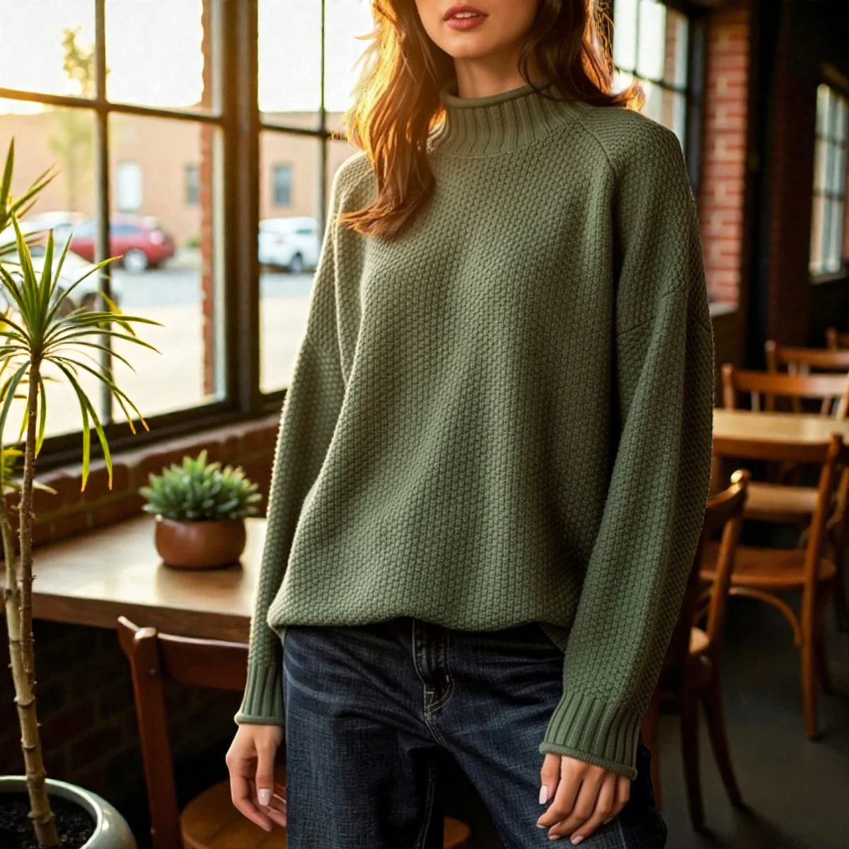 Pull Col Roulé Côtelé Élégant Femme – Maille Épaisse à Manches Longues - Image 4