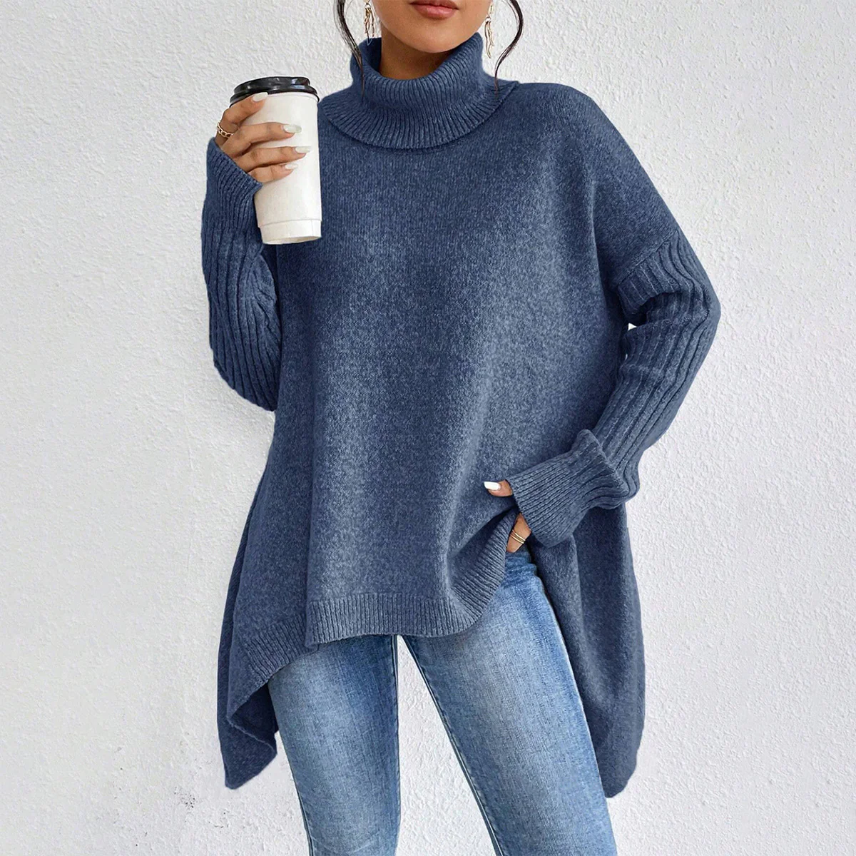 Pull Col Roulé Irrégulier pour Femmes – Pull Tricoté Ample à Manches Longues - Image 13