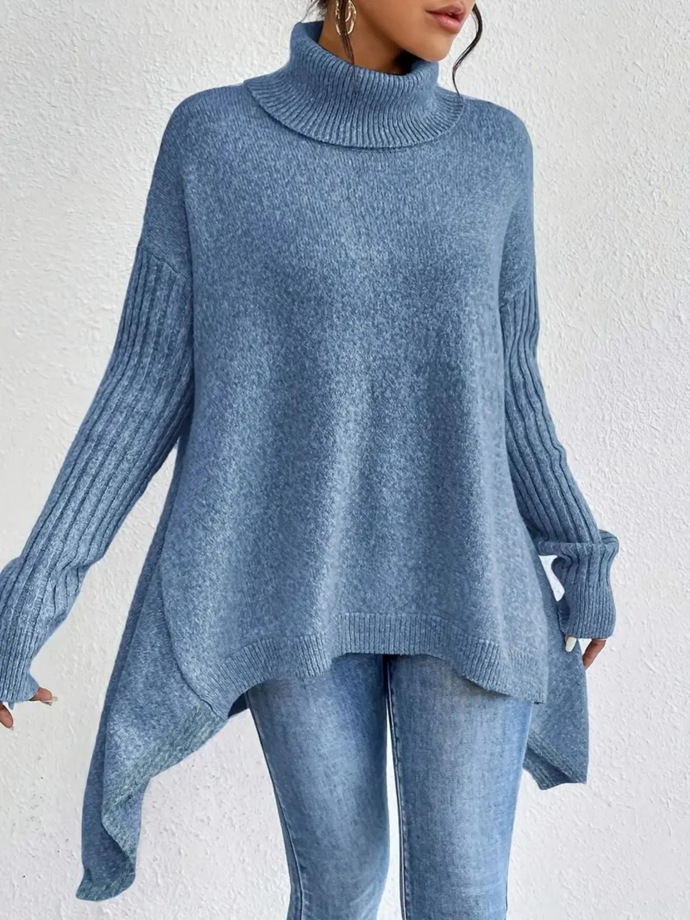 Pull Col Roulé Irrégulier pour Femmes – Pull Tricoté Ample à Manches Longues - Image 5