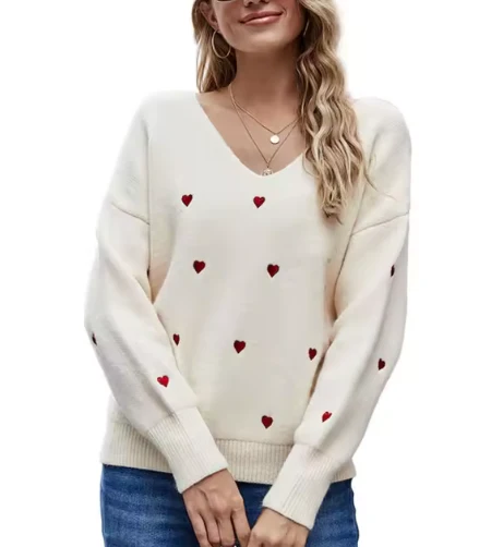 Pull col V élégant à motif cœur pour femme – Tricot coupe décontractée - Image 2