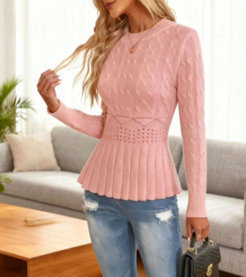 Pull Élégant Côtelé à Basque Femme – Maille Épaisse Col Rond - Image 9