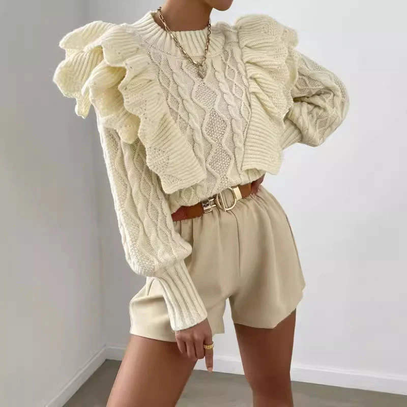 Pull élégant en maille torsadée à volants pour femme – Pull confortable à manches longues
