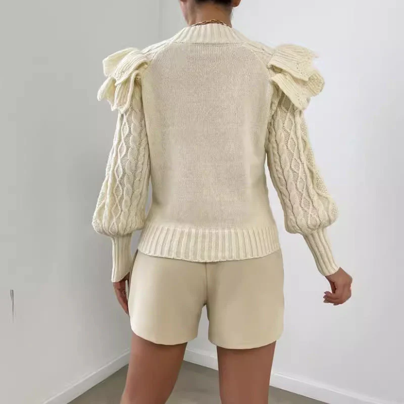 Pull élégant en maille torsadée à volants pour femme – Pull confortable à manches longues - Image 2