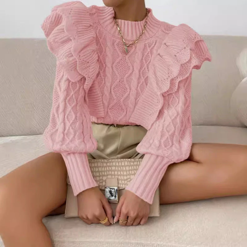 Pull élégant en maille torsadée à volants pour femme – Pull confortable à manches longues - Image 3