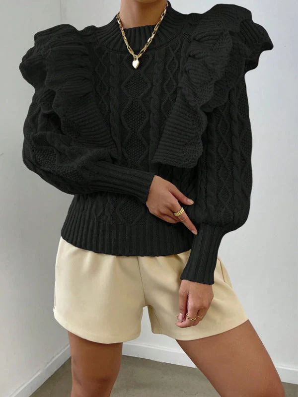 Pull élégant en maille torsadée à volants pour femme – Pull confortable à manches longues - Image 4