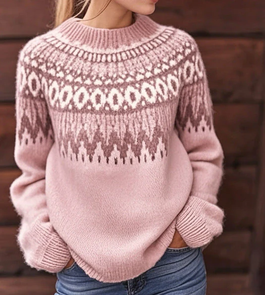 Pull Fair Isle rose premium pour femme – Maille vintage confortable