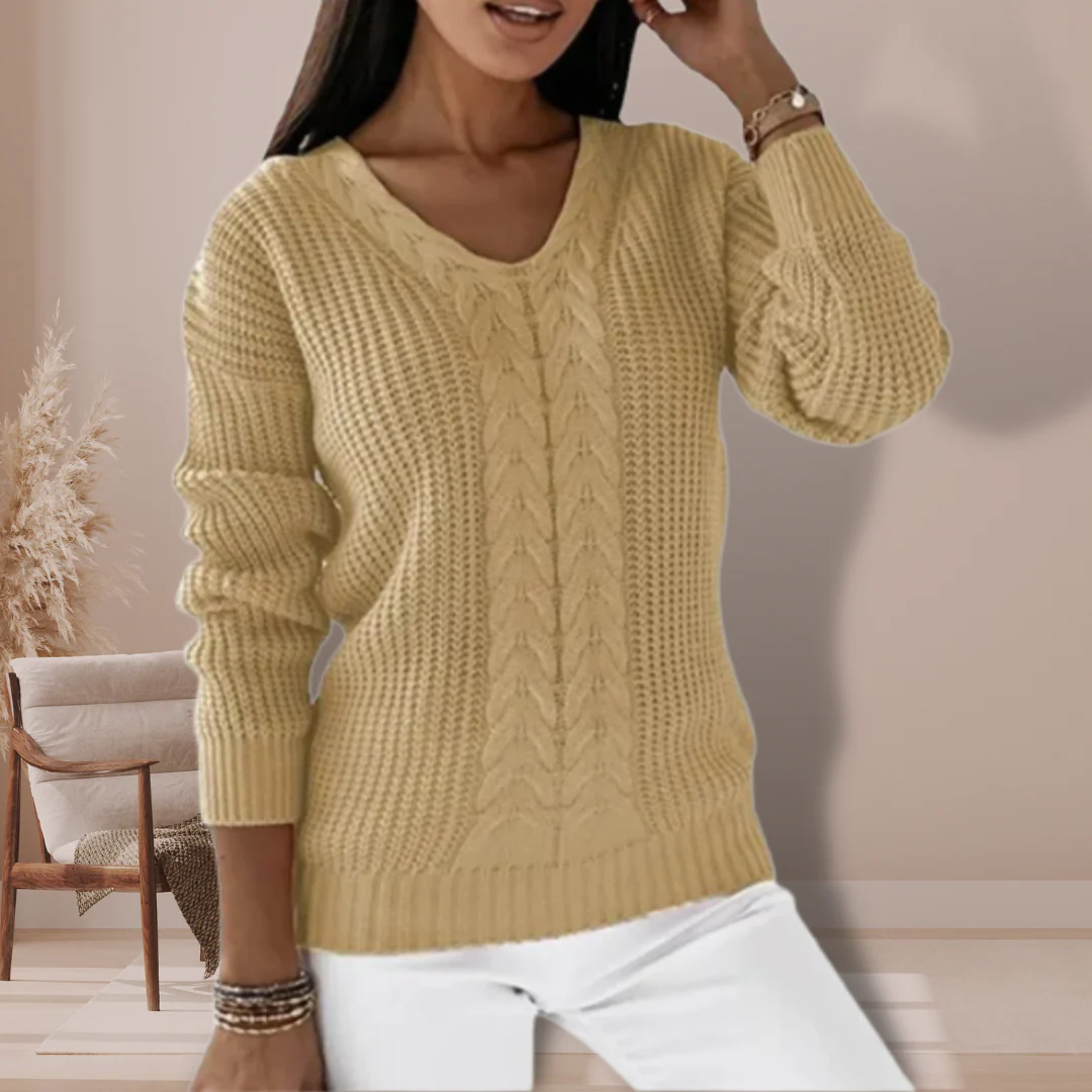 Pull Femme à Col V en Tricot Torsadé – Pull Décontracté d’Hiver - Image 2