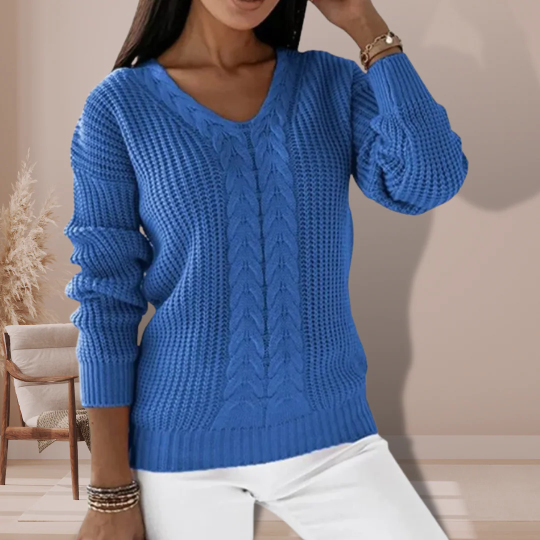 Pull Femme à Col V en Tricot Torsadé – Pull Décontracté d’Hiver - Image 3