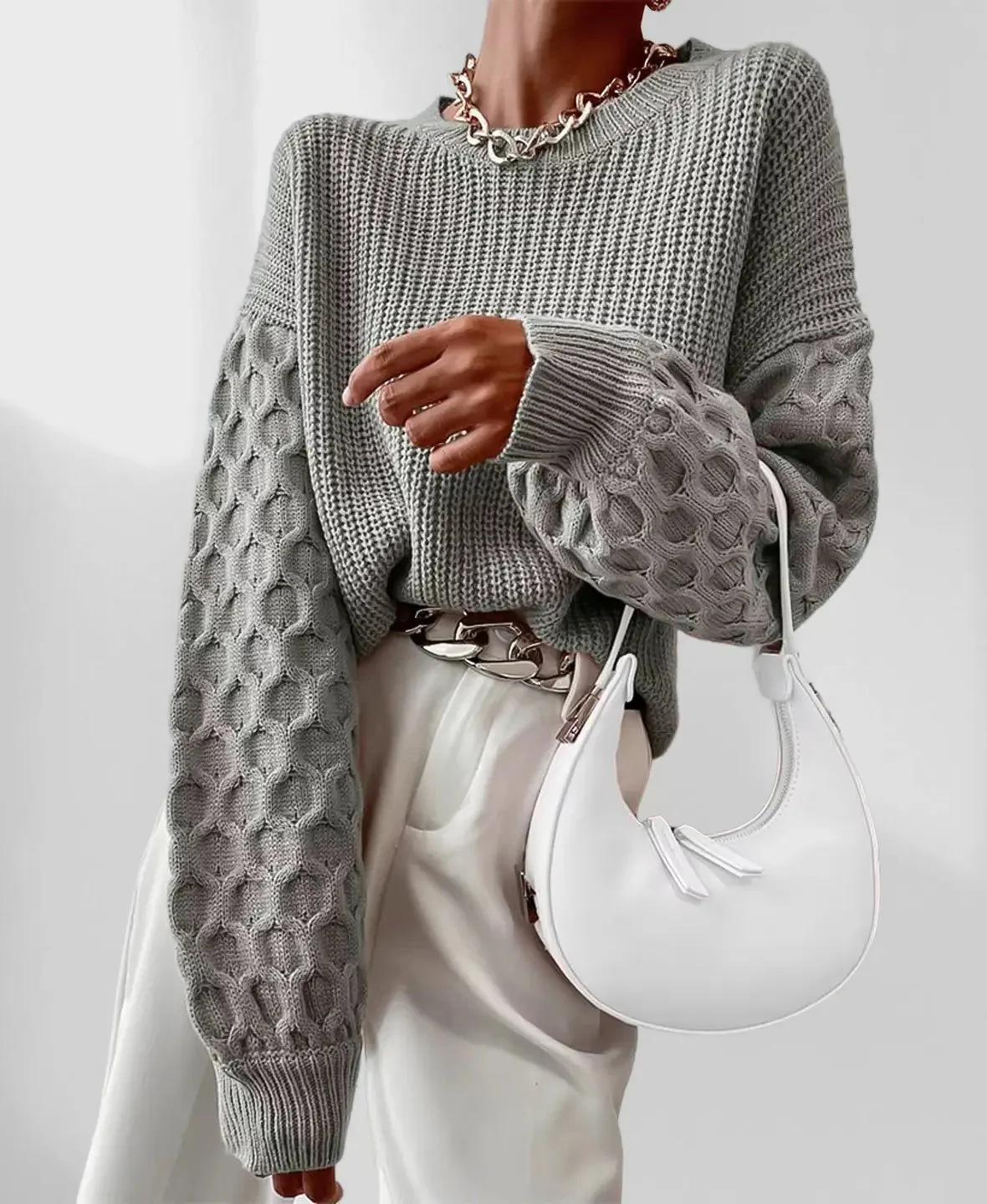 Pull Femme à Manches Lanternes – Pull Tricoté Confortable et Ample pour l’Automne - Image 2