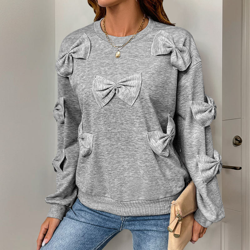 Pull Femme Doux à Nœud Cousu – Sweat Gris Col Rond Décontracté