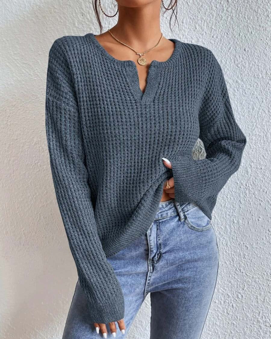 Pull Femme Élégant à Col V en Tissu Gaufré – Manches Longues - Image 3