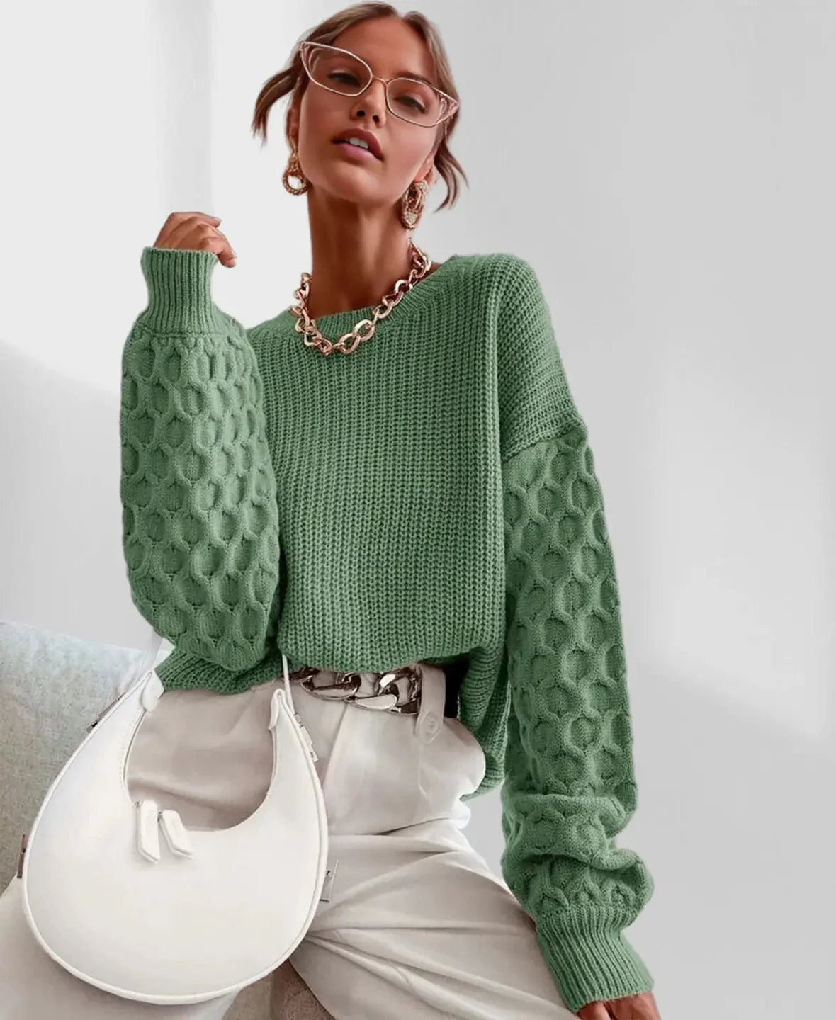 Pull Hiver Douillet à Manches Ballon pour Femme – Tricot Chaud - Image 12