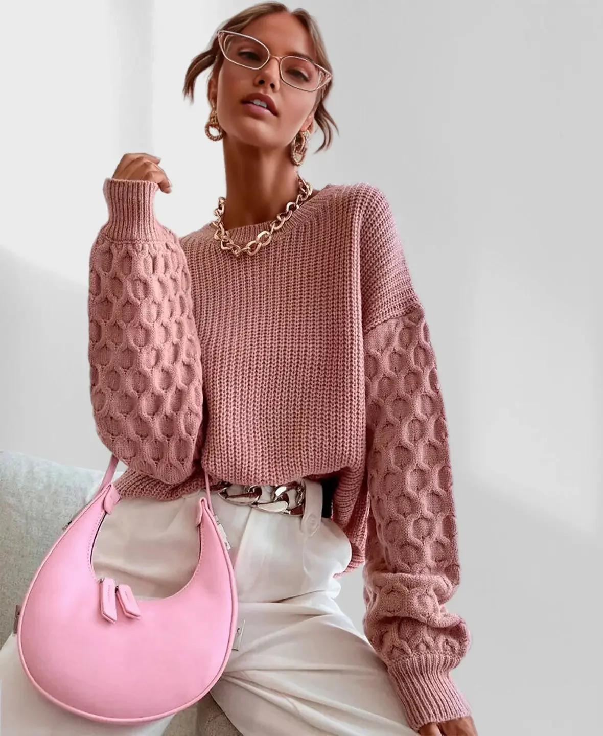 Pull Hiver Douillet à Manches Ballon pour Femme – Tricot Chaud - Image 3