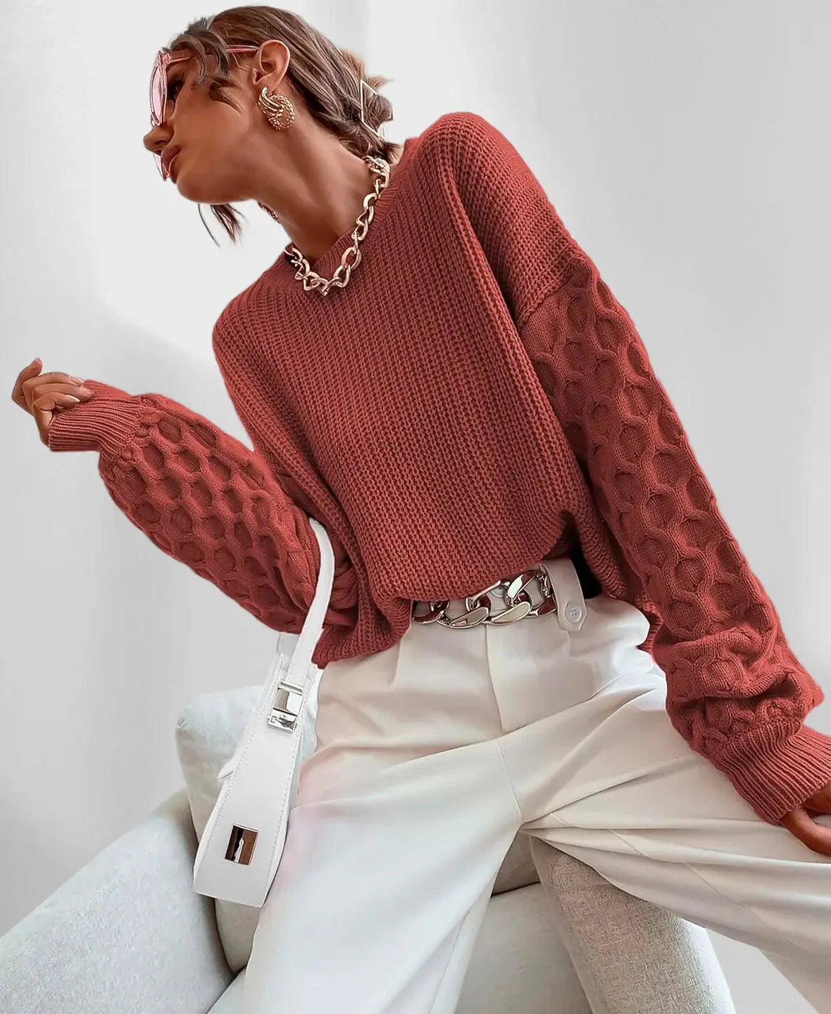 Pull Hiver Douillet à Manches Ballon pour Femme – Tricot Chaud - Image 7