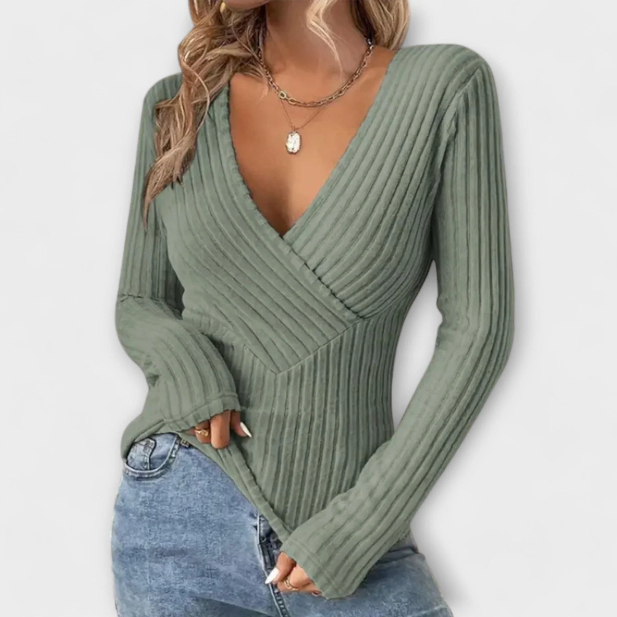 Pull-Over Femme à Col V Twist – Maille Côtelée à Manches Longues Surplice - Image 2