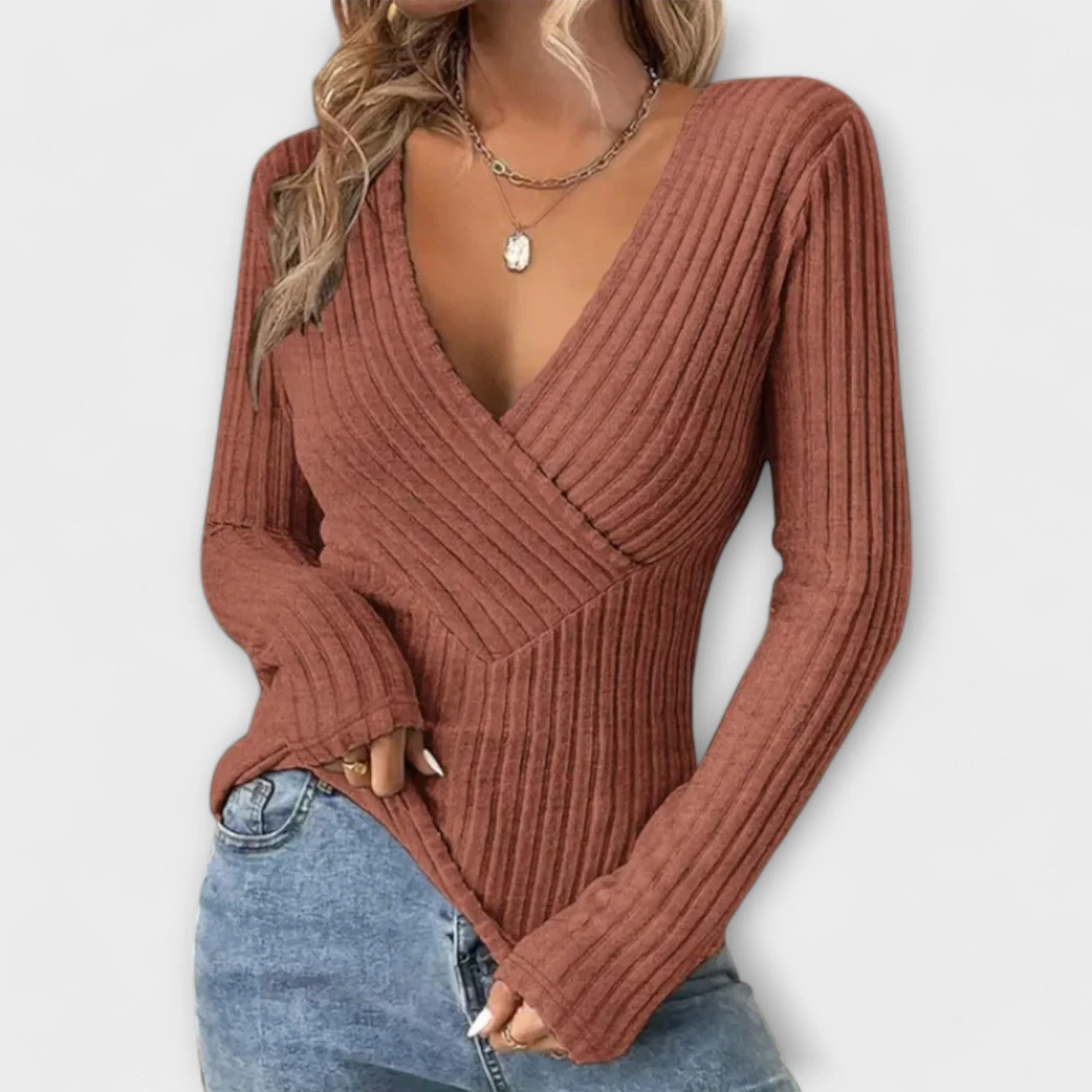 Pull-Over Femme à Col V Twist – Maille Côtelée à Manches Longues Surplice - Image 3