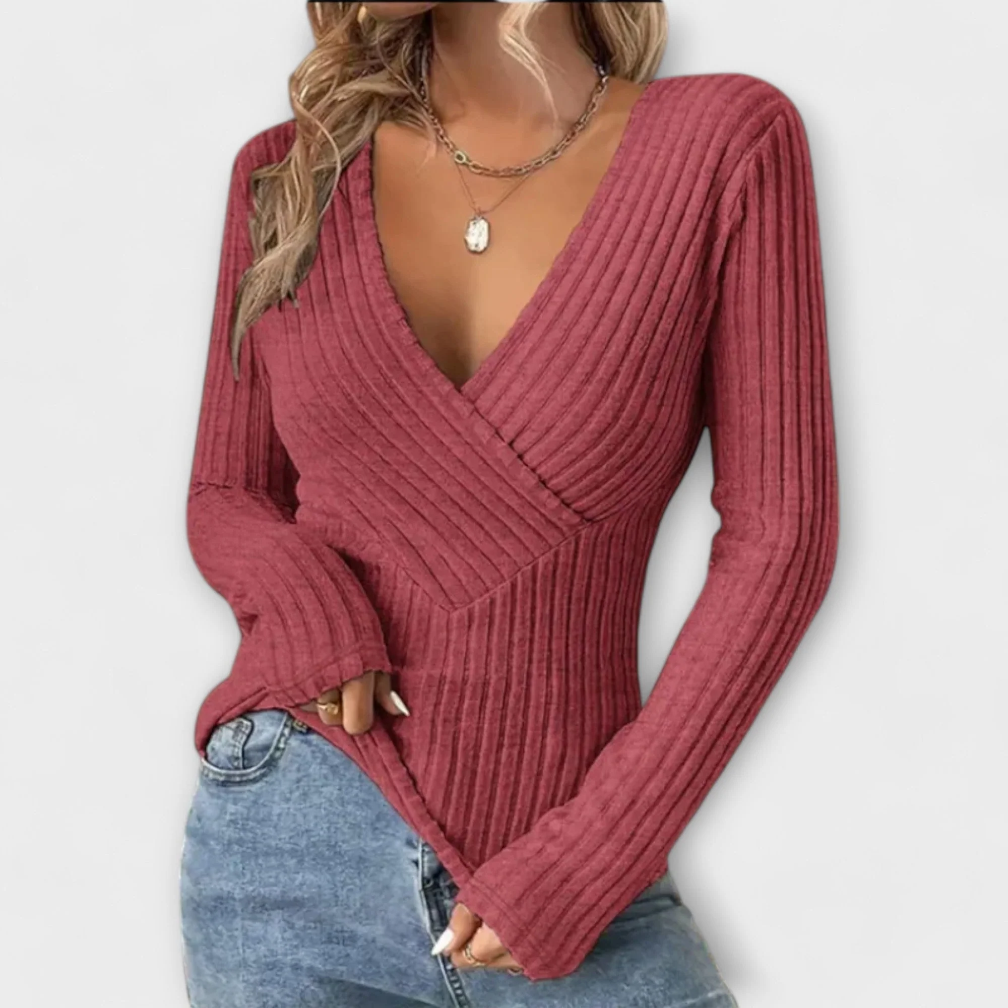 Pull-Over Femme à Col V Twist – Maille Côtelée à Manches Longues Surplice - Image 4