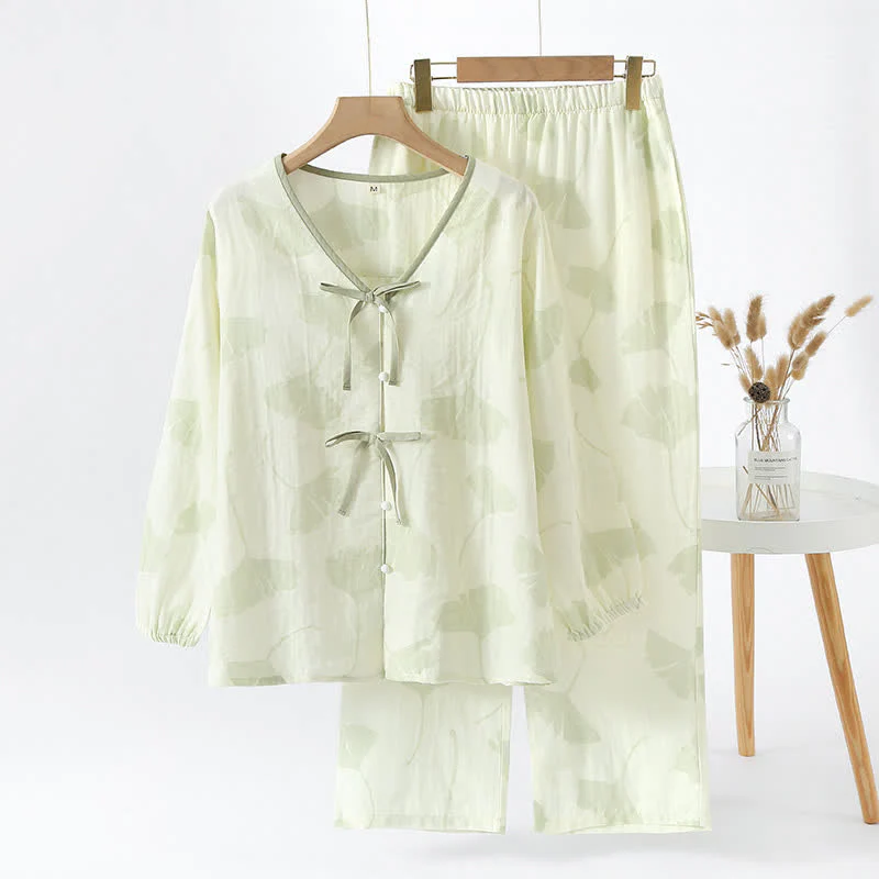 Pyjama Décontracté Élégant Femme à Feuilles de Ginkgo – Ensemble 2 Pièces Léger et Doux en Coton avec Noeud Décoratif et Coupe Ample - Image 13
